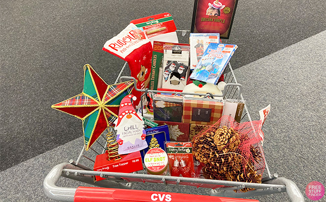 Christmas Decorations and Cards in a CVS Shopping Cart