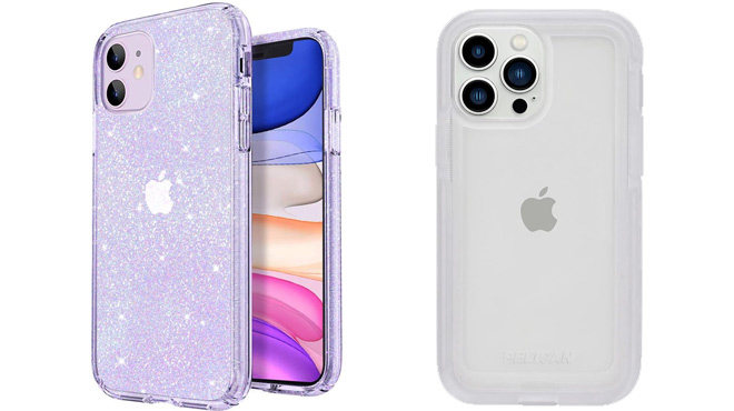 Clear Glitter Case for iPhone 11 on The Left and Military Grade Protection Case for iPhone 13 on The Right
