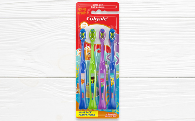 Colgate Kids Toothbrushes with Extra Soft Bristles 4 Pack on the Table