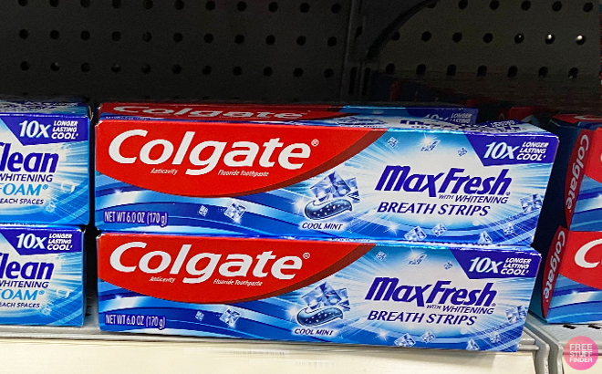 Colgate Max Fresh Toothpaste with Mini Breath Strips Cool Mint on the shelf Colgate Max Fresh Toothpaste with Mini Breath Strips Cool Mint on the shelf