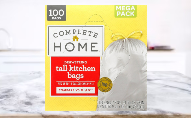 Complete Home 13 Gallon Drawstring Kitchen Trash Bags 100 Pack