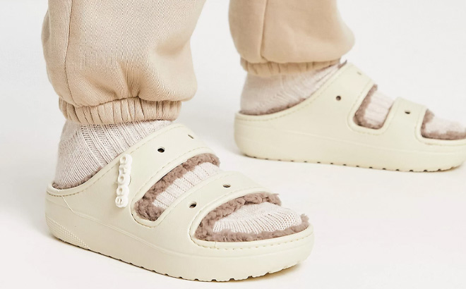 Crocs Classic Cozzzy Sandals in Bone Color