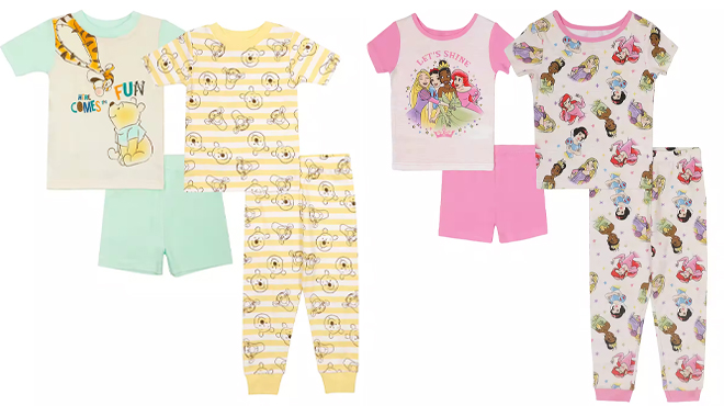Disney Toddler Boys 4 Piece Winnie the Pooh Pajama Set and Girls 4 Piece Princess Pajama Set