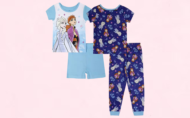 Disney Toddler Girls 4 Piece Frozen Princess Pajama Set on a Pink Background