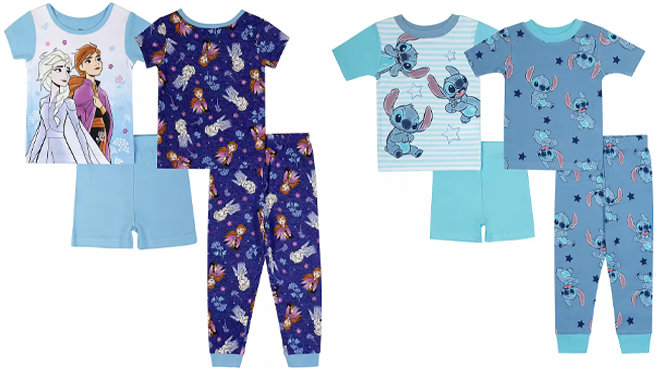 Disney Toddler Girls 4 Piece Frozen Princess and Toddler Boys Stitch Pajama Sets