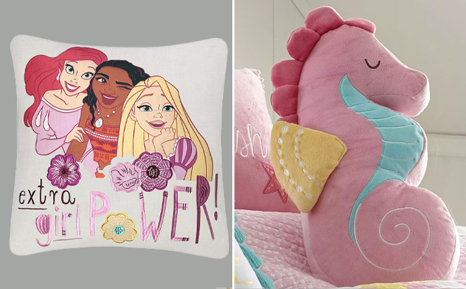 Disneys Ivory Princess Girl Power Pillow and Dory Seahorse Throw Pillow on Right