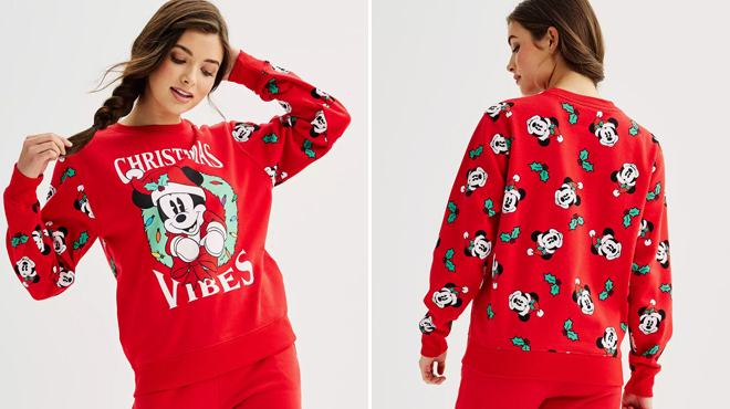 Disneys Mickey Mouse Juniors Holiday Crewneck Graphic Pullover