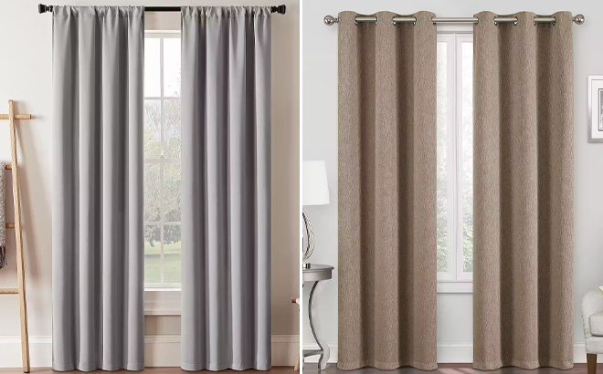 Eclipse Darrell Blackout Rod Pocket Single Curtain Panel and a Regal Home Sterling Blackout Grommet Top Curtain Panel