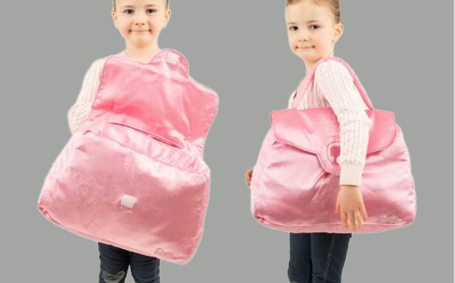 Girl Wearing Franco Barbie Purse Pillow Bedding Super Soft Plush Pink Purse in Pink 1 1