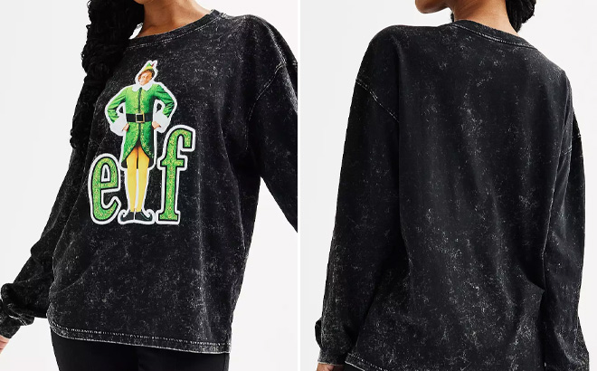 Girl Wearing Juniors Elf Holiday Long Sleeve Graphic Tee
