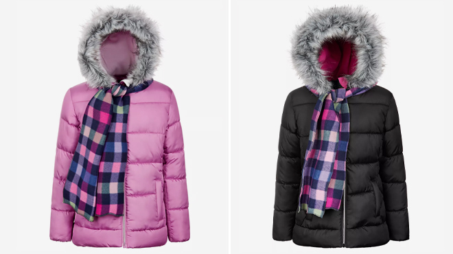 Girls Solid Quilt Puffer Coat Plaid Scarf