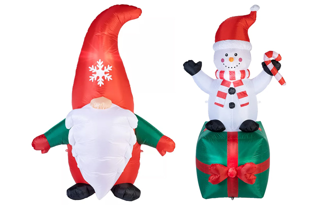 Gnome 6 Ft Inflatable Yard Decoration and Snowman on Giftbox 6 Ft Inflatable Yard Decoration