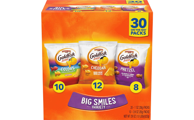 Goldfish Crackers Big Smiles Variety Pack with Cheddar Colors and Pretzels Snack Packs 30 Count
