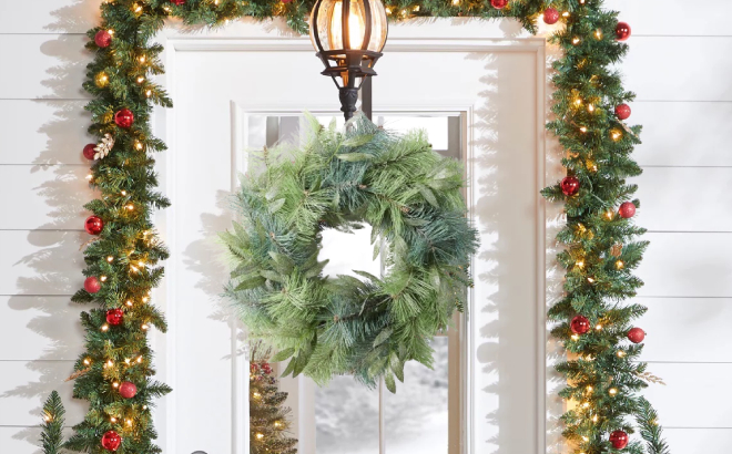 Green House 20 Inch Olive Leave Needle Pine Wreath Hung on a Door
