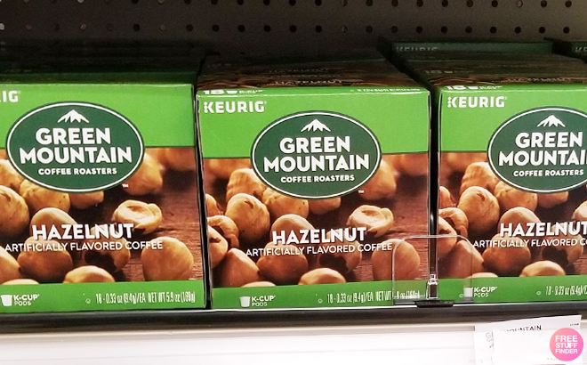 Green Mountain Coffee Hazelnut Single Serve K Cup Pods in boxes on the shelf