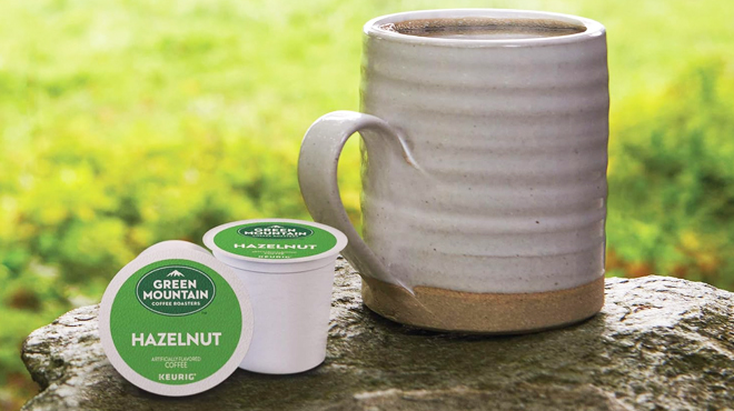 Green Mountain Coffee Hazelnut Single Serve K Cup Pods with a cup of coffee