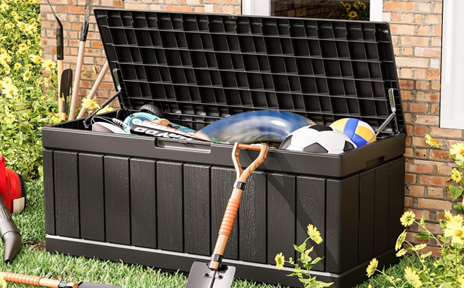 Greesum 82 Gallon Resin Deck Box Large Outdoor Storage in Black Greesum 82 Gallon Resin Deck Box Large Outdoor Storage in Black