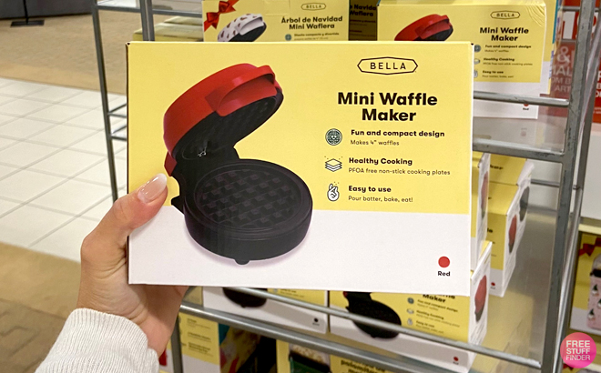 Hand Holding Bella Mini Waffle Maker in Red