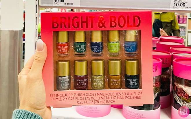 Hand Holding Bright Bold Mini Nail Polish Gift Set at Target