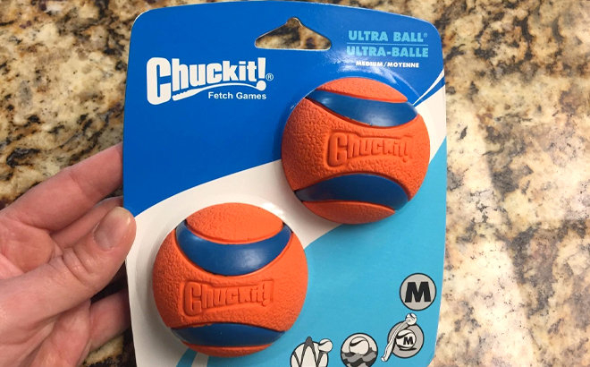 Hand Holding Chuckit Ultra Ball Dog Toy Medium 2 Pack