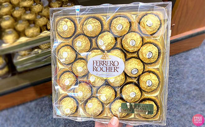 Hand Holding Ferrero Rocher 24 Count Chocolate Gift Box