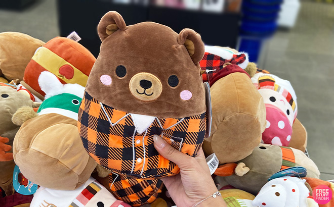 Hand Holding Harvest Squad Brown Bear in Jacket Plush Squishmallow