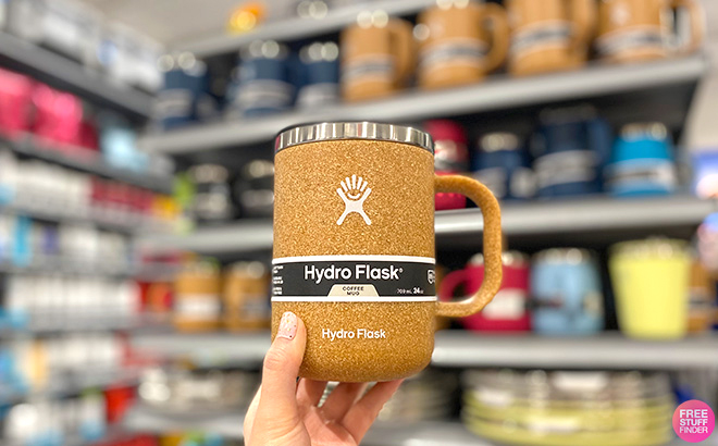 Hand Holding Hydro Flask Stainless Steel Reusable Mug in Bark Color Hand Holding Hydro Flask Stainless Steel Reusable Mug in Bark Color