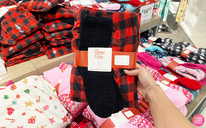Hand Holding Sleep Chic Womens Pajama Fleece Pants With Socks in Red Gingham Color