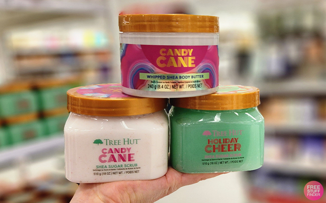 Hand Holding Tree Hut Candy Cane Sugar Body Scrub and Body Butter