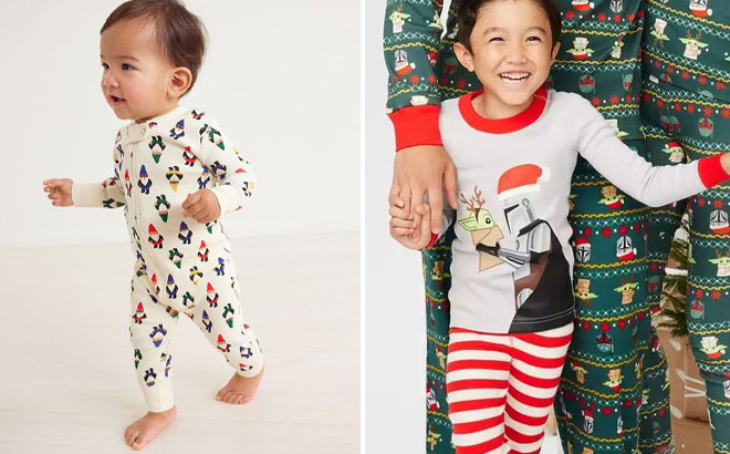 Hanna Andersson Holiday Print Baby Zip Sleeper and Hanna Andersson Star Wars The Mandalorian Long John Pajama Set