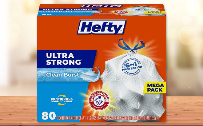 Hefty 80 Count Trash Bags Clean Burst Scent on a Table