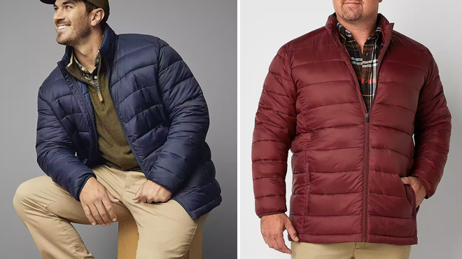 Image of Two Men Wearing Different Colors of St Johns Bay Mens Big and Tall Puffer Jackets