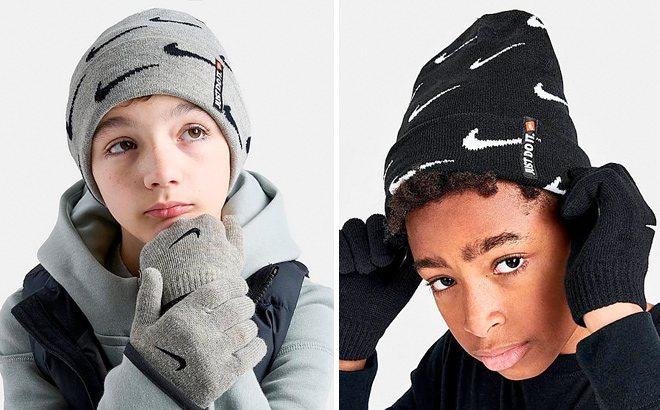 KIDS NIKE SWOOSH REPEAT ALLOVER PRINT BEANIE AND GLOVES SET KIDS NIKE SWOOSH REPEAT ALLOVER PRINT BEANIE AND GLOVES SET
