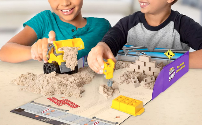 Kids Playing with Kinetic Sand Dig Demolish Playset