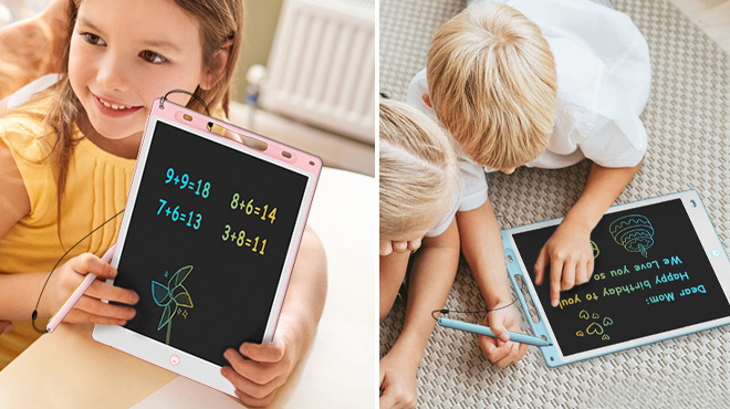 Kids Using the LCD Writing Tablet in Blue and Pink Color