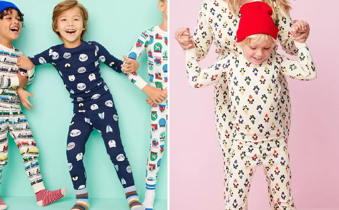 Kids Wearing a Hanna Andersson Holiday Print Long John Pajama Sets