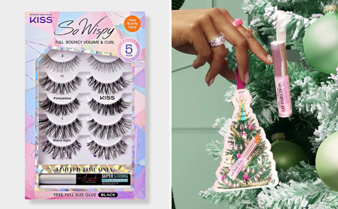 Kiss So Wispy False Eyelashes and Too Faced Lip Gloss Ornament