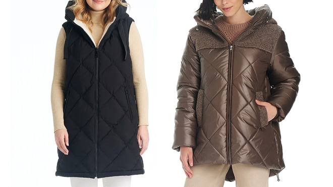 Koolaburra by UGG Womens Hooded Puffer Vest on the Left Hooded Puffer Coat on the Right