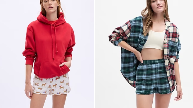 Ladies wearing Gap Print Flannel PJ Shorts in two different colors