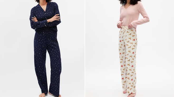 Ladies wearing Gap Relaxed Flannel PJ Pants in two different colors