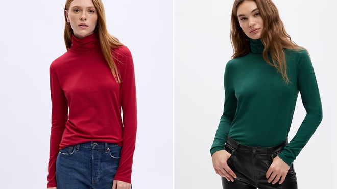 Ladies wearing Gap Turtleneck T Shirt in two Different colors