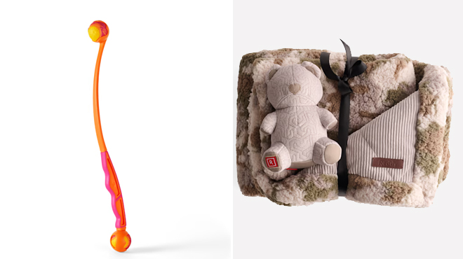 Leaps Bounds Orange Ball Thrower Dog Toy and Reddy Tan Blanket Teddy Dog Toy Set