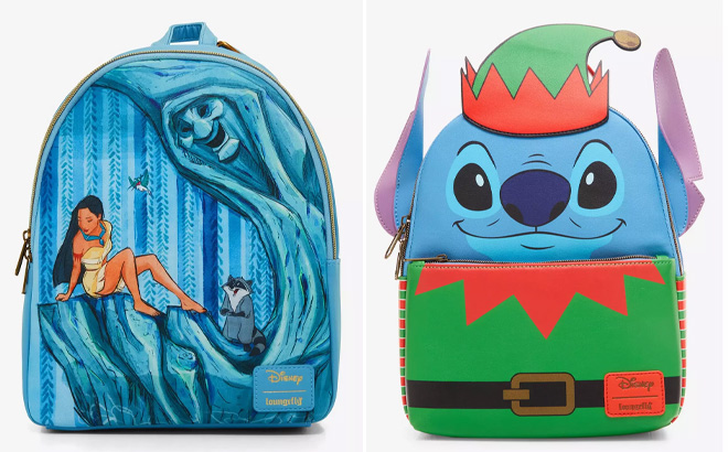 Loungefly Disney Pocahontas Grandmother Mini Backpack on Left and Disney Lilo Stitch Elf Stitch Mini Backpack on Right