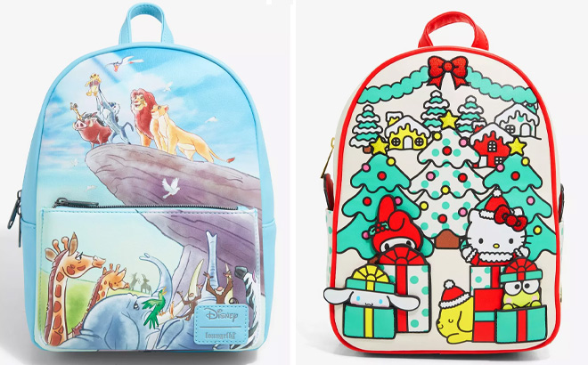 Loungefly Disney The Lion King Mini Backpack on Left and Loungefly Hello Kitty And Friends Holiday Gifts Mini Backpack on Right