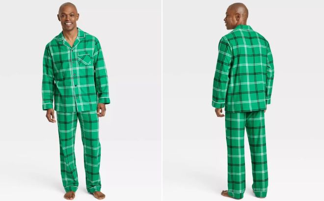 Man is Wearing Mens Plaid Flannel Matching Family Pajama Set in Green Color
