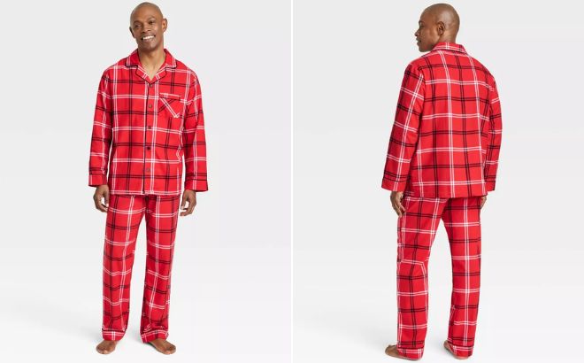 Man is Wearing Wondershop Mens Plaid Flannel Matching Family Pajama Set