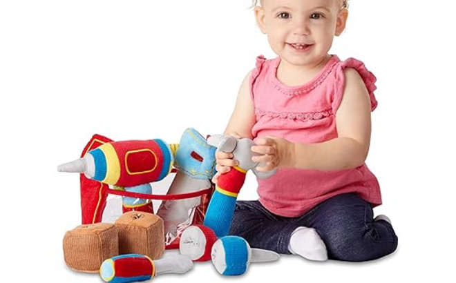 Melissa Doug Toolbox Fill and Spill Toddler Toy With Vibrating Drill