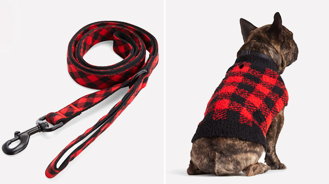 Merry Makings Check Me Out Red Buffalo Check Dog Leash and Merry Makings Buffalo Check Sweater for Cats and Dogs