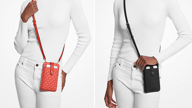 Michael Kors Logo Smartphone Crossbody Bag in DK Sangria Color on the left and Micahel Kors Saffiano Leather Smartphone Crossbody Bag in black on the right