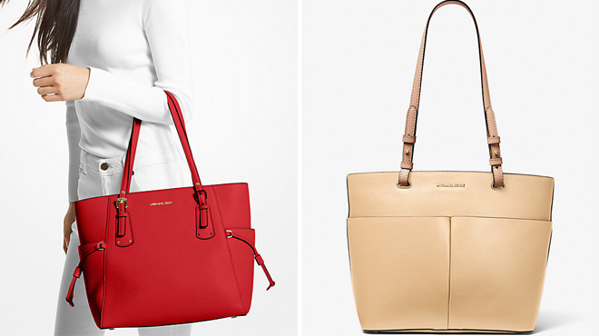 Michael Kors Small Pebbled Leather Tote Bag on the left and Michael Kors Medium Pebbled Leather Tote Bag on the right